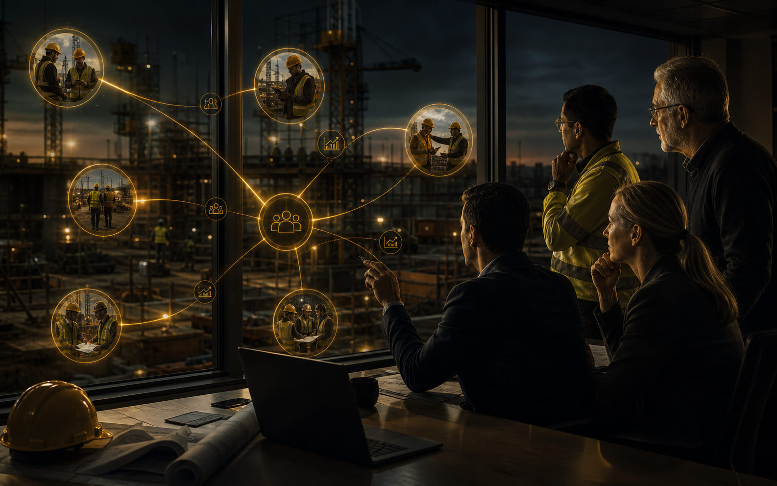 Construction leadership reviewing cultural change signals connected from site teams to company management