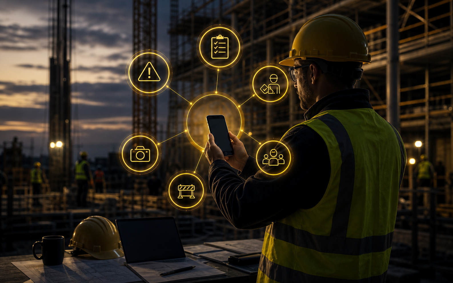 Six fixed construction reporting routines shown as abstract safety signals around a site manager using a phone