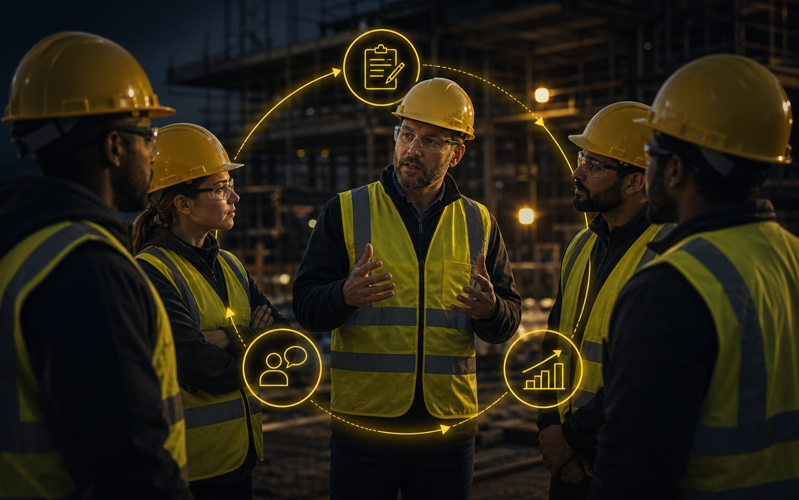 Construction manager engaging workers as report feedback and improvement signals form a continuous loop
